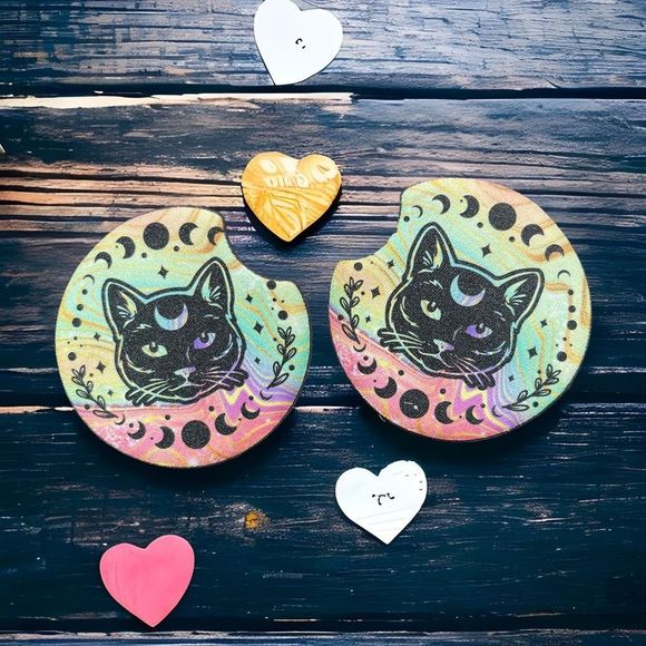 🎄 Rainbow Moon Cat Neoprene Car Coaster 2 Pack - Picture 1 of 13